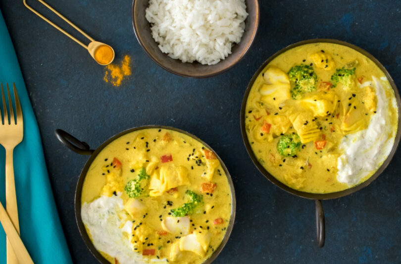 Wild Alaska Pollock Coconut Curry With Cucumber Yogurt Sauce