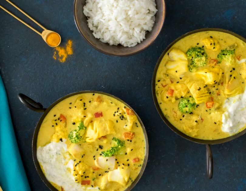 Wild Alaska Pollock Coconut Curry With Cucumber Yogurt Sauce