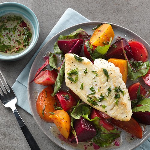 Pan-Seared Halibut and Roasted Beet Salad