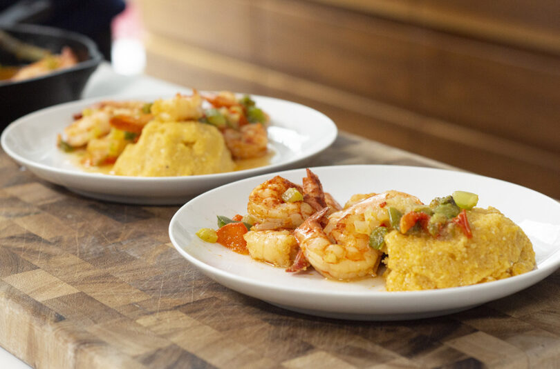 Smothered Shrimp over Polenta by Maya Feller for Seafood Nutrition Partnership