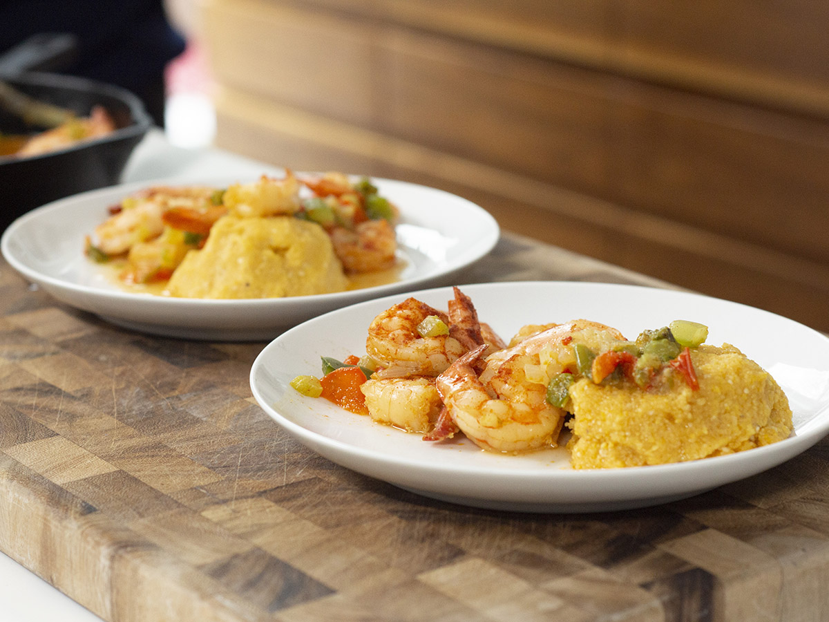 Smothered Shrimp over Polenta by Maya Feller for Seafood Nutrition Partnership