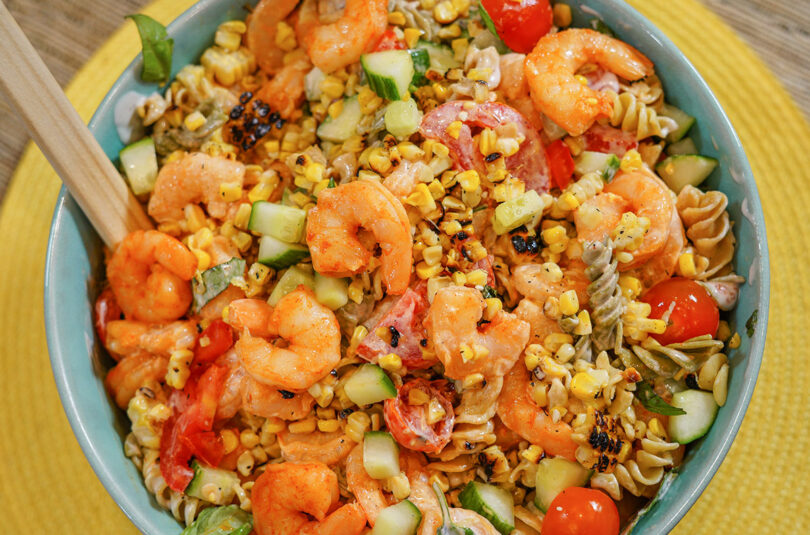 Summertime Shrimp Pasta Salad with Vegetables and Ranch
