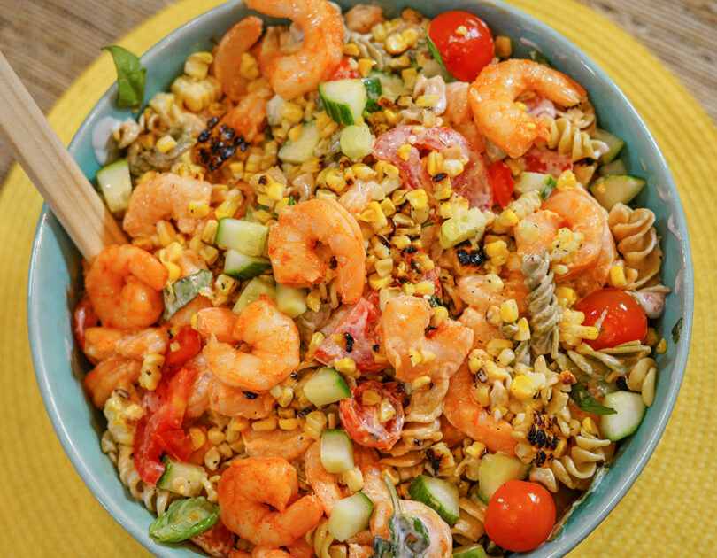 Summertime Shrimp Pasta Salad with Vegetables and Ranch