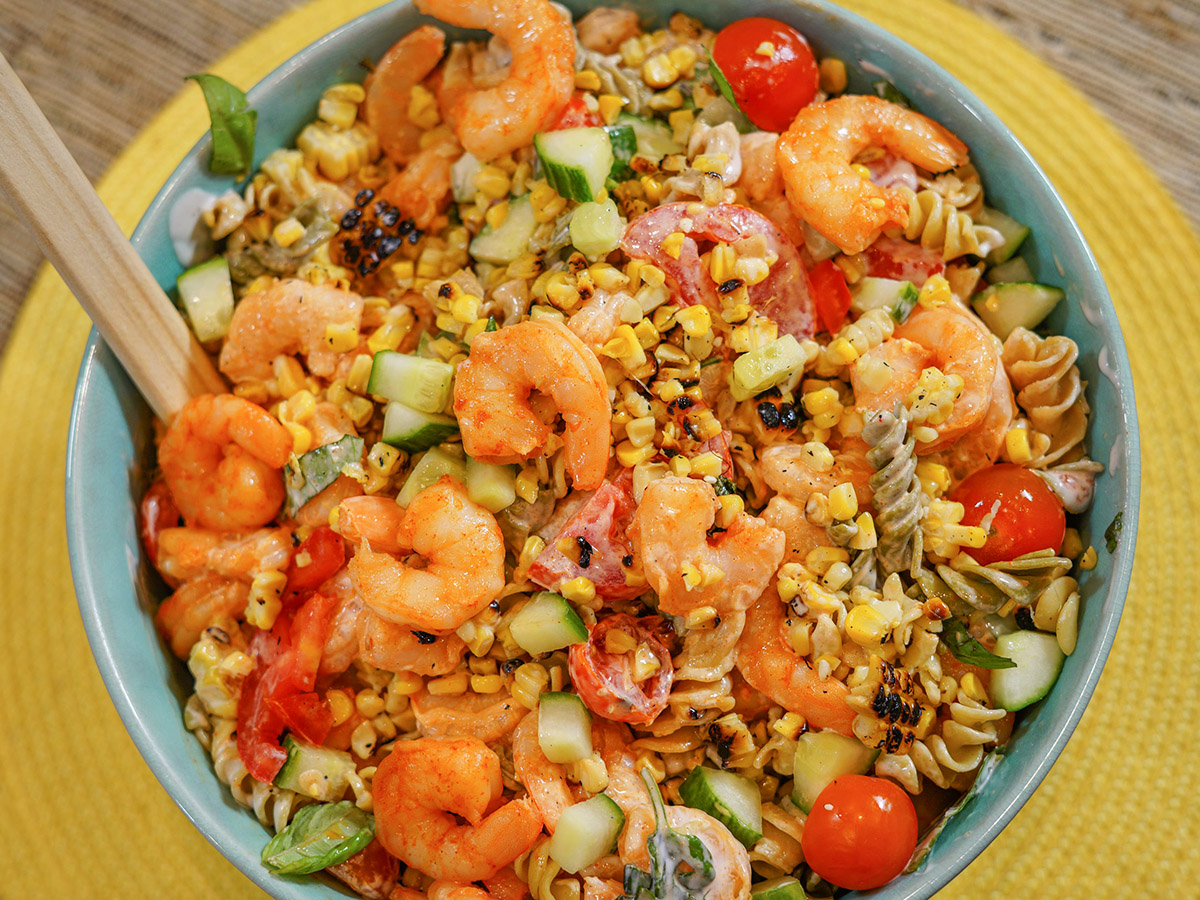 Summertime Shrimp Pasta Salad with Vegetables and Ranch