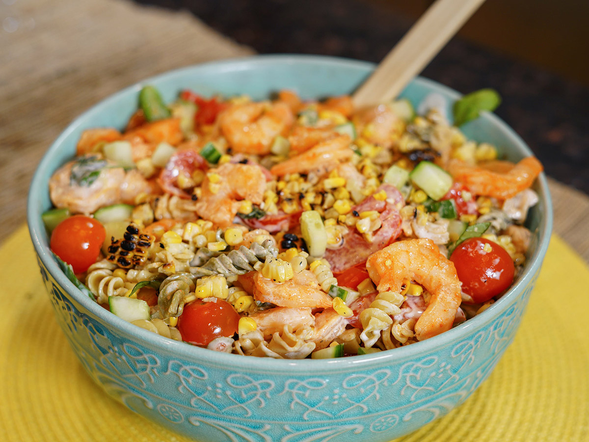 Summertime Shrimp Pasta Salad with Vegetables and Ranch