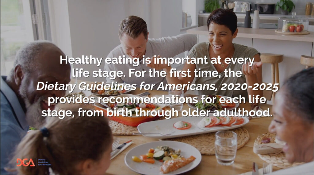 Dietary Guidelines for Americans 2020-2025 overview message, showing family eating salmon dinner.