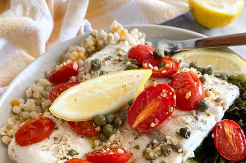 Baked Lemon Garlic Caper Sea Bass