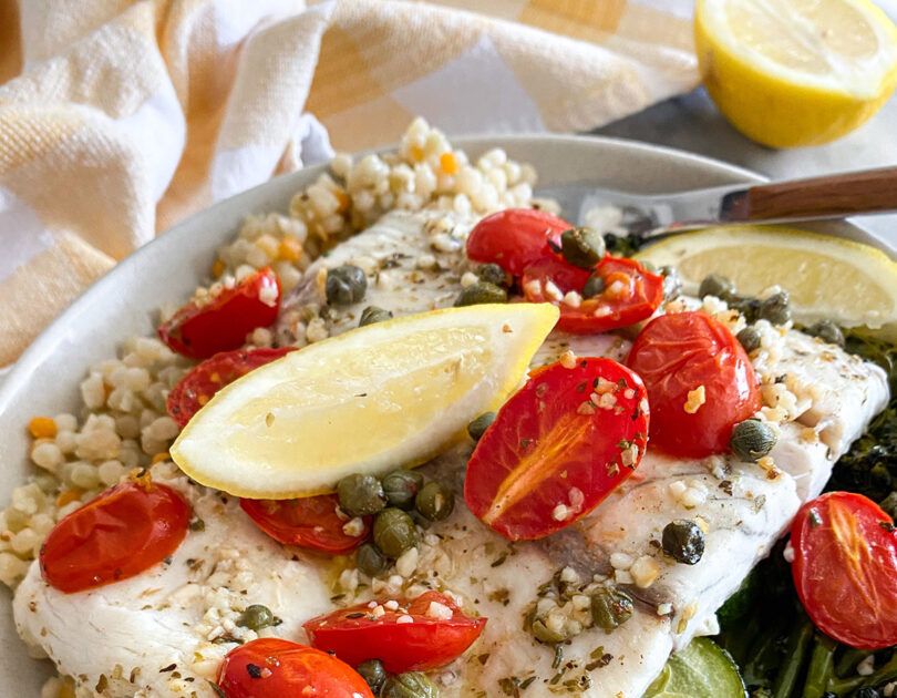 Baked Lemon Garlic Caper Sea Bass