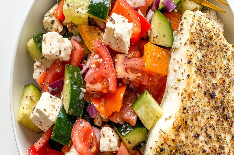 Mediterranean Style Alaskan Halibut with a Village Greek Salad