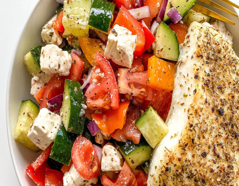 Mediterranean Style Alaskan Halibut with a Village Greek Salad