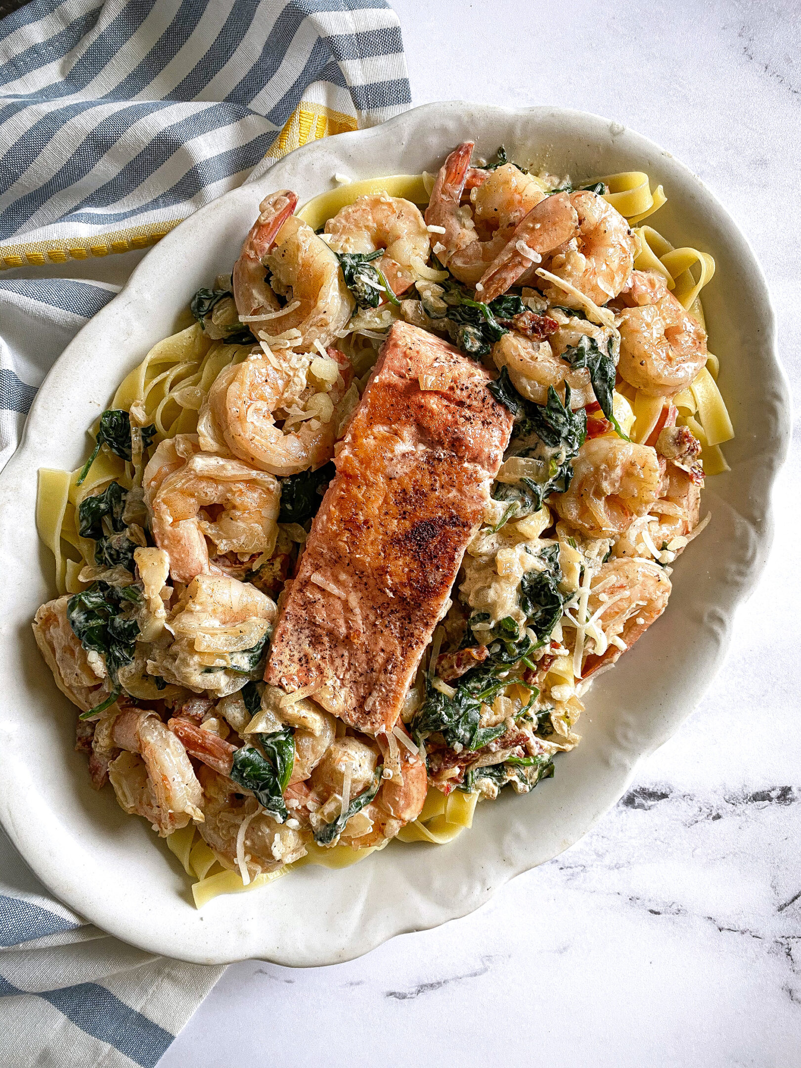 Creamy Tuscan Salmon and Shrimp Pasta