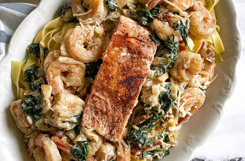 Creamy Tuscan Salmon and Shrimp Pasta