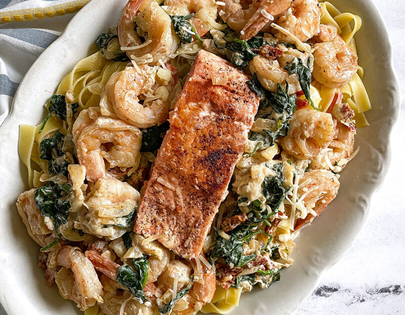 Creamy Tuscan Salmon and Shrimp Pasta