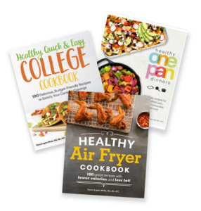 3 of Dana White's cookbooks, Healthy Air Fryer Cookbook, Healthy, Quick & Easy College Cookbook, and Healthy One Pan Dinners Cookbook